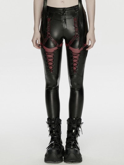 Punk Rave Black and Red Gothic Cyberpunk Mesh Panel Leather Leggings for Women