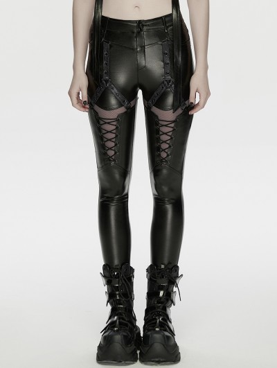 Punk Rave Black Gothic Cyberpunk Mesh Panel Leather Leggings for Women