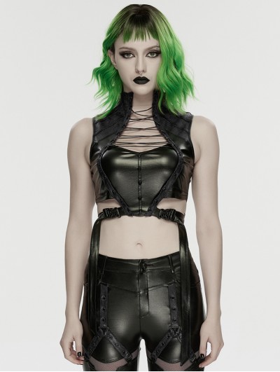 Punk Rave Black Gothic Cyberpunk Buckled Cutout Top for Women