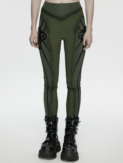 Punk Rave Black and Green Gothic Cyberpunk Leggings for Women