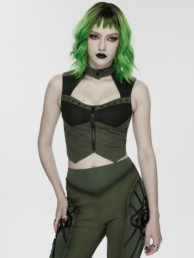 Punk Rave Black and Green Gothic Cyberpunk Mechanical Vest Top for Women