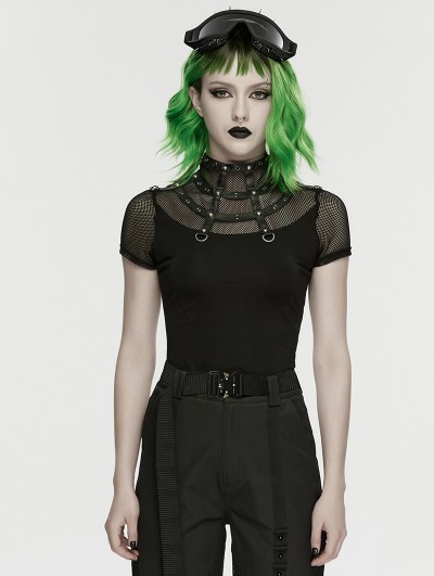 Punk Rave Black Gothic Punk Mesh Spliced Stand Up Collar T-Shirt for Women