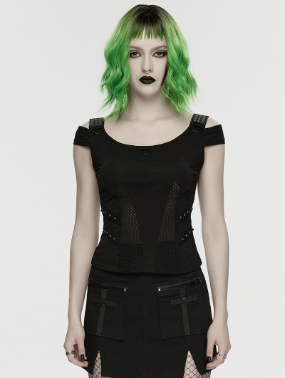 Punk Rave Black Gothic Cyberpunk Short Sleeve T-Shirt for Women