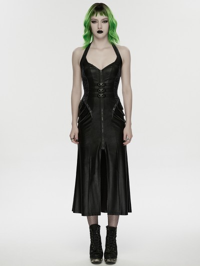 Punk Rave Black Gothic Cyberpunk Zipper Split Halter Long Dress