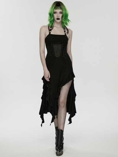 Punk Rave Black Sexy Gothic Punk Halter Irregular Ruffled Dress