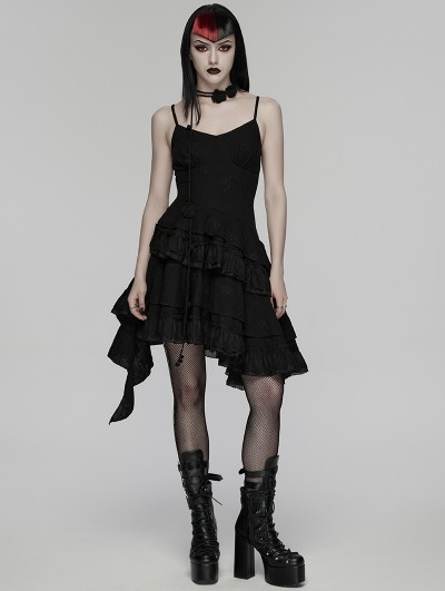 Punk Rave Black Gothic Embroidered Irregular Pleated Slip Dress