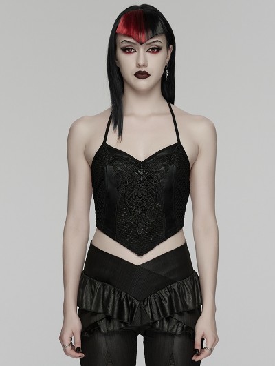 Punk Rave Black Gothic Lace Mesh Halter Camisole Top for Women