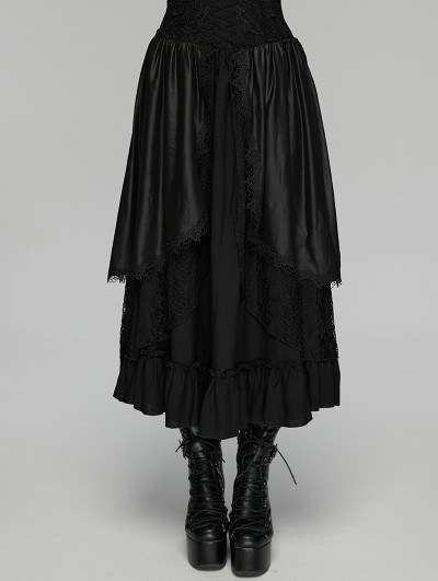 Punk Rave Black Retro Gothic Layered Lace Ruffle Long Skirt