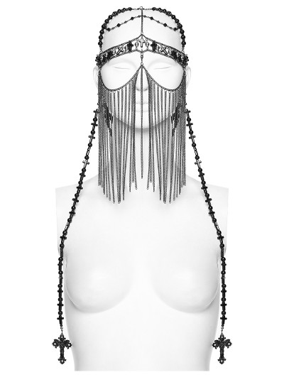 Punk Rave Black and Silver Gothic Cross Priest Tassel Headwear