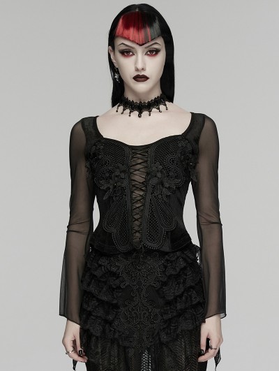 Punk Rave Black Gothic Embroidery Mesh Velvet Shirt for Women