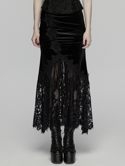 Punk Rave Black Gothic Velvet Lace Ruched Fishtail Skirt