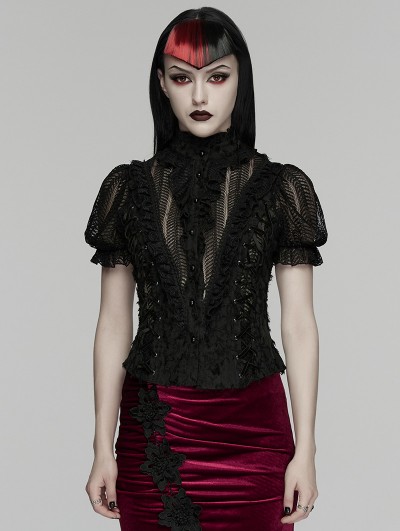Punk Rave Black Gothic Decadent Sexy Short Puff Sleeve Shirt for Women