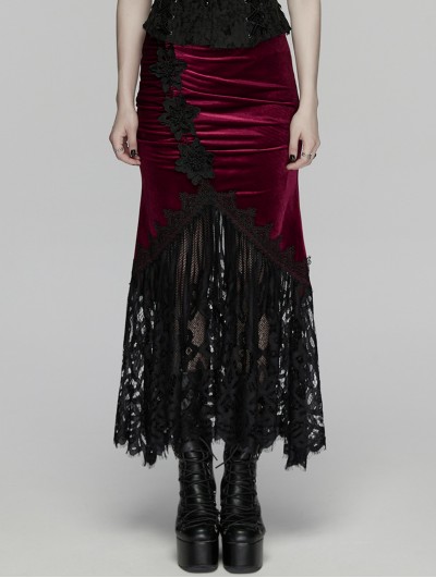 Punk Rave Black and Red Gothic Velvet Lace Ruched Fishtail Skirt