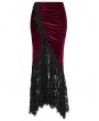 Punk Rave Black and Red Gothic Velvet Lace Ruched Fishtail Skirt