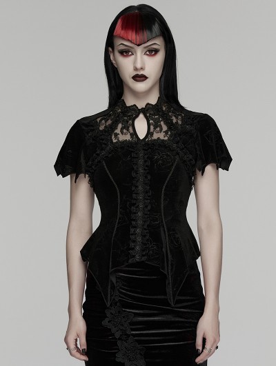 Punk Rave Black Gothic Gorgeous Rose Embossed Velvet Top for Women