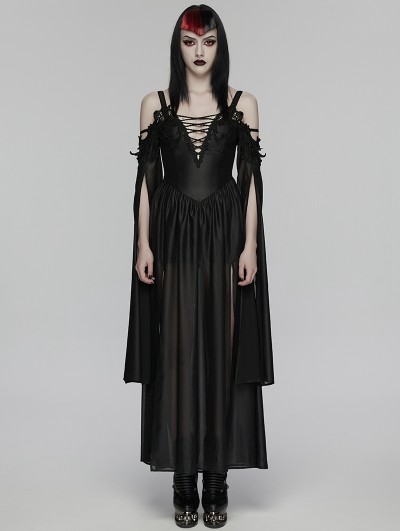 Punk Rave Black Sexy Gothic Off Shoulder Deep V-Neck Long Dress