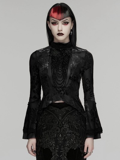 Punk Rave Black Elegant Gothic Retro Pattern Velvet Shirt for Women