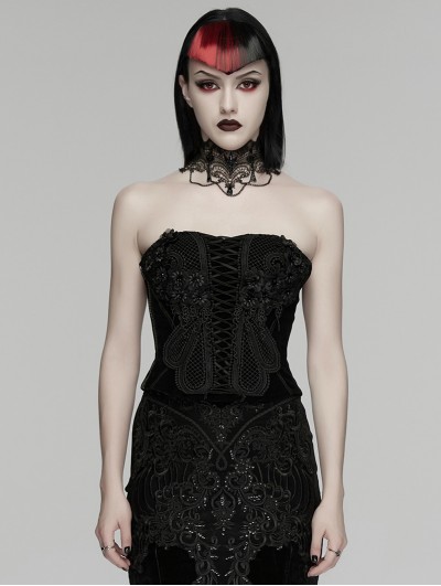 Punk Rave Black Gothic Embroidered Velvet Corset Top for Women