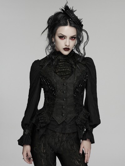 Punk Rave Black Gothic Embroidered Lace Visual Vest for Women