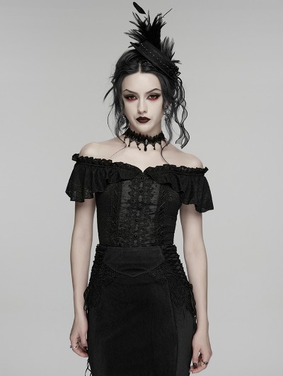 Punk Rave Black Gothic Ruffle Lace Off Shoulder Shirt for Women