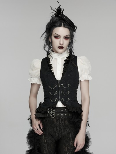 Punk Rave Black Gothic Ruffle V-Neck Drawstring Vest for Women