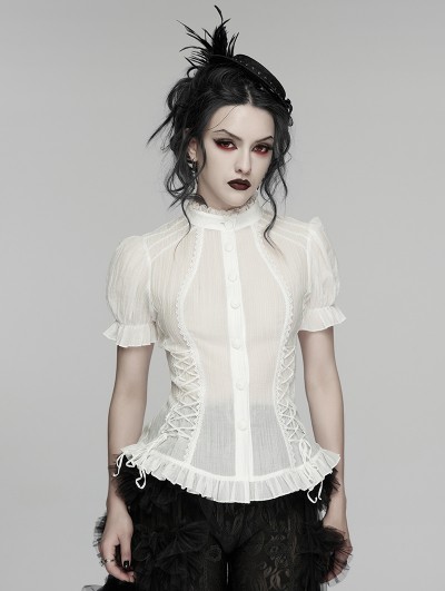 Punk Rave White Gothic Classical Ruffle Short Sleeve Shirt for Women