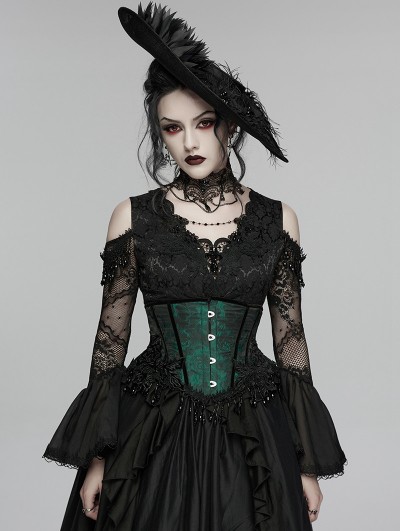 Punk Rave Black and Green Gothic Rose Bead Tassel Corset Waistband