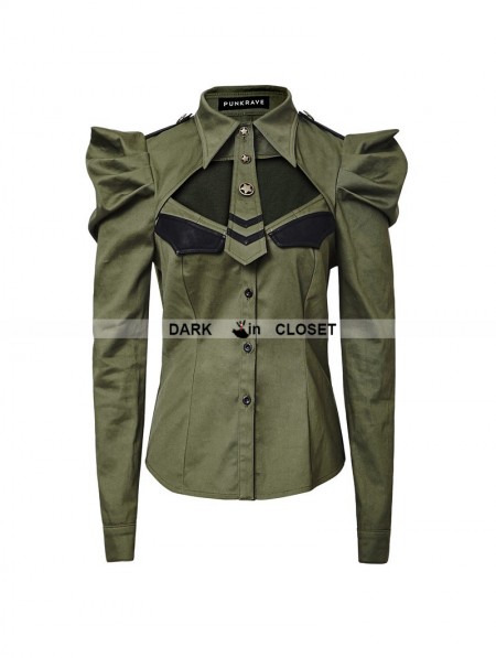 Punk Rave Green Uniform Style Shirt with Puff Sleeves - DarkinCloset.com