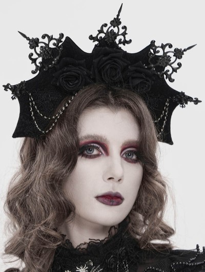 Devil Fashion Black Gothic Velevt Rose Beaded Chain Bat Wing Headband