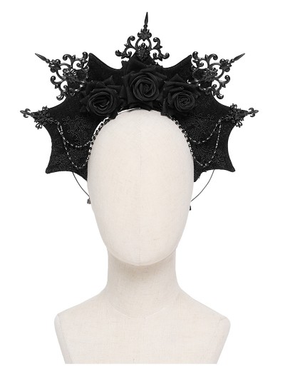 Devil Fashion Black Gothic Velevt Rose Beaded Chain Bat Wing Headband