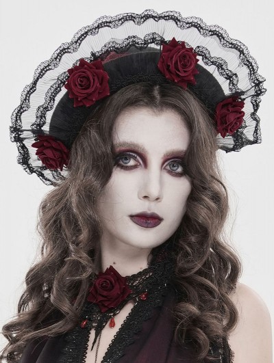 Devil Fashion Black and Red Gothic Rose Lace Applique Hat