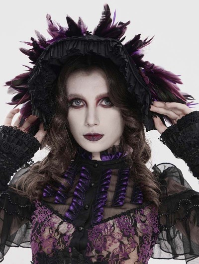 Devil Fashion Black and Purple Gothic Lace Feather Victorian Hat