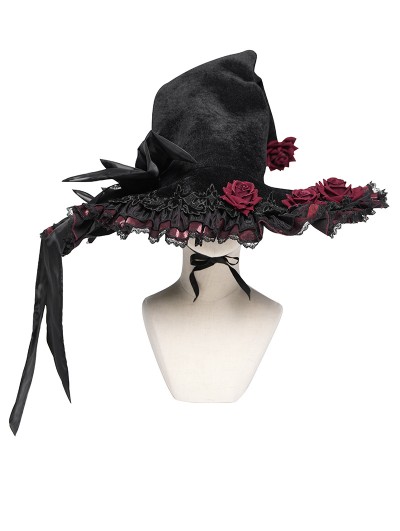 Devil Fashion Black and Red Retro Gothic Rose Pointy Witch Hat