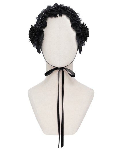 Devil Fashion Black Gothic Rose Lace Bonnet Headband