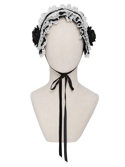 Devil Fashion White and Black Gothic Rose Lace Bonnet Headband