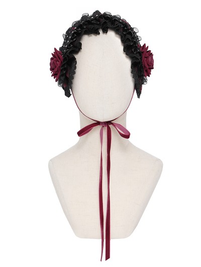 Devil Fashion Black and Red Gothic Rose Lace Bonnet Headband