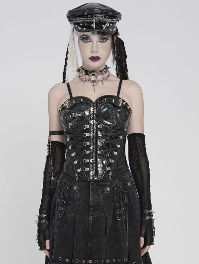 Devil Fashion Black Gothic Punk Spiked Leather Corset Top for Women