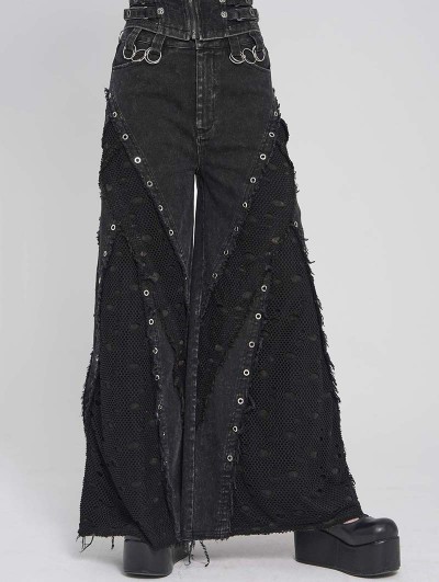 Devil Fashion Black Gothic Distressed Eyelet Punk Wide Leg Pants for Women