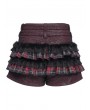 Devil Fashion Red Gothic Plaid Fur Trim Frill Hot Pants for Women