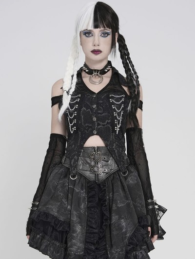 Devil Fashion Black Gothic Punk Halter Off-Shoulder Irregular Top for Women