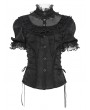 Devil Fashion Black Retro Gothic Ruffles Lace Beaded Short Sleeve Shirt for Women
