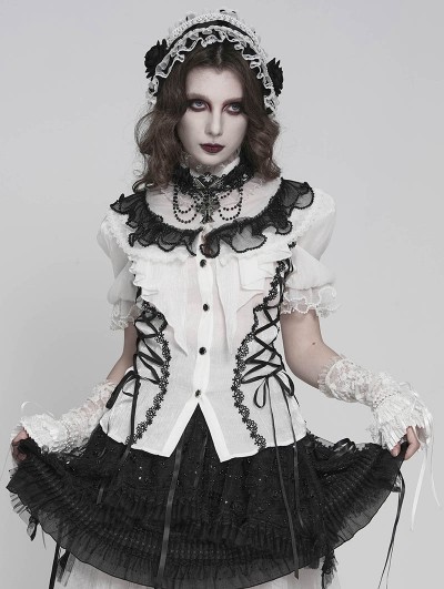 Devil Fashion White Retro Gothic Ruffles Lace Beaded Short Sleeve Shirt for Women