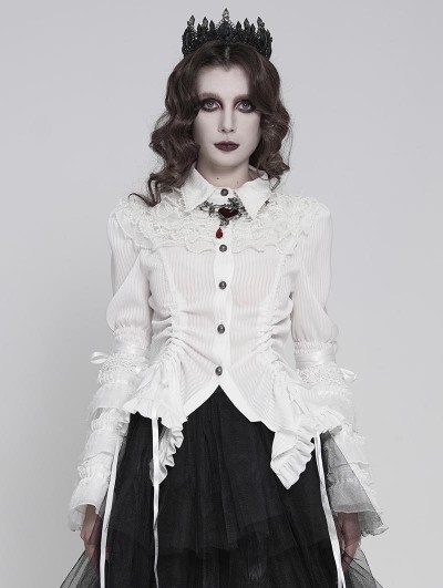 Devil Fashion White Retro Gothic Long Flared Sleeve Beaded Ruffle Shirt for Women