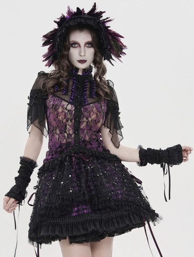 Devil Fashion Black and Purple Retro Gothic Floral Lace Mesh Shirt for Women