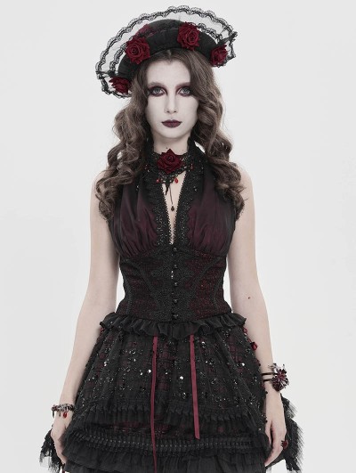 Devil Fashion Black and Red Gothic Retro Embroidered Lace Sleeveless Shirt for Women