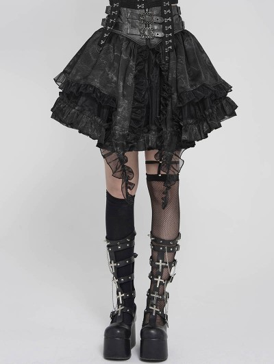 Devil Fashion Grey and Black Gothic Layered Ruffle Irregular Skirt