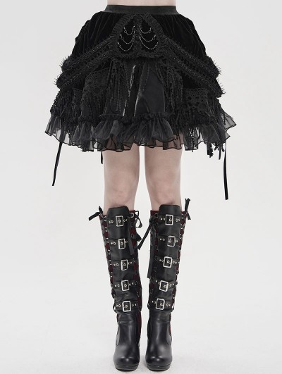 Devil Fashion Black Gothic Velvet Embroidered Fringe Short Skirt