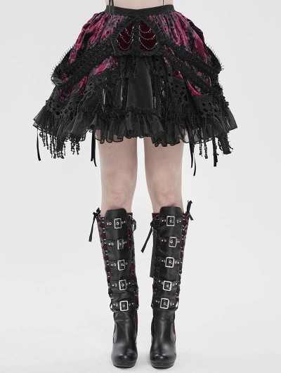 Devil Fashion Black and Red Gothic Velvet Embroidered Fringe Short Skirt
