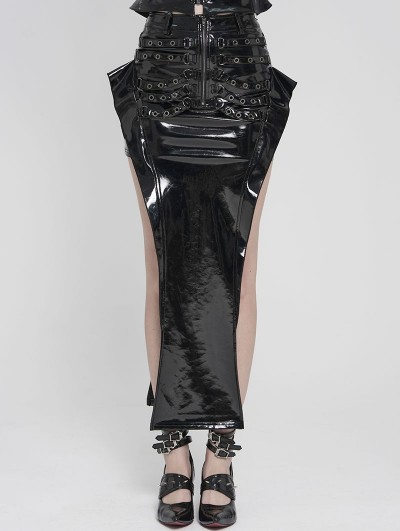 Devil Fashion Black Sexy Gothic Punk Eyelet Split Glossy Leather Long Skirt