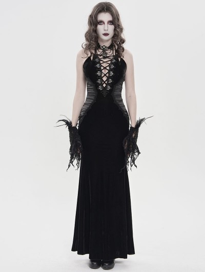 Devil Fashion Black Retro Sexy Gothic Plunging Strappy Velvet Long Fishtail Dress
